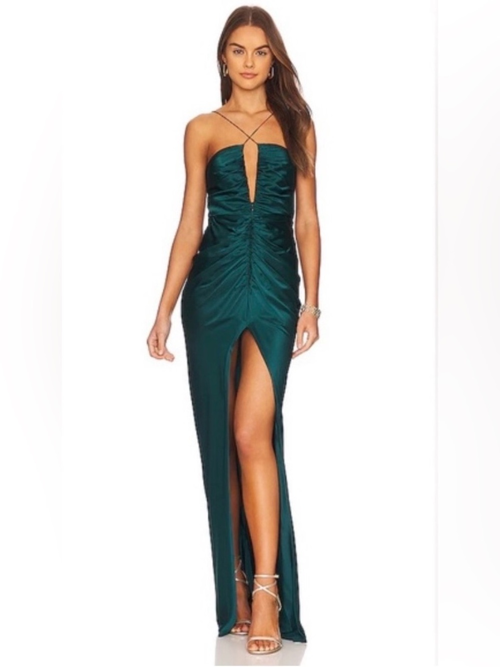 The Sei Keyhole Gathered Low Cut ruched High Slit Gown Beetle (deep green) sz 2